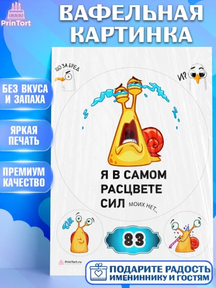 Вафельная картинка, с днем рождения, я в самом расцвете сил моих больше нет, Девушка, 83 года, арт. PT212122