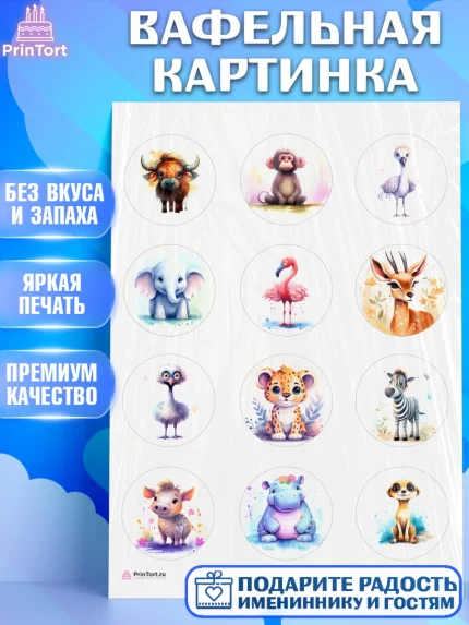 Вафельная картинка, Животные Сафари, Девочка, День рождения, арт. PT213638