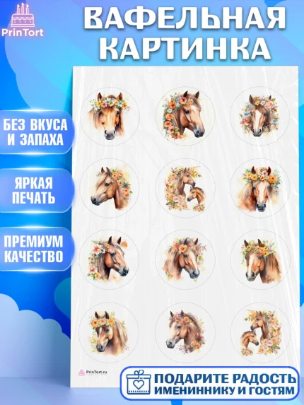 Вафельная картинка, лошадь, конь, цветы, Девочка, День рождения, арт. PT213738