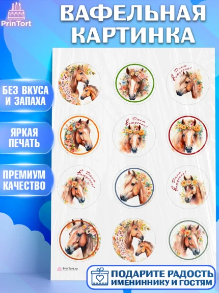 Вафельная картинка, лошадь, конь, цветы, Девочка, День рождения, арт. PT213747