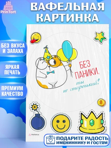 Вафельная картинка, Без паники, кот, шарики, корона, смайл, Мальчик, День рождения, арт. PT216294