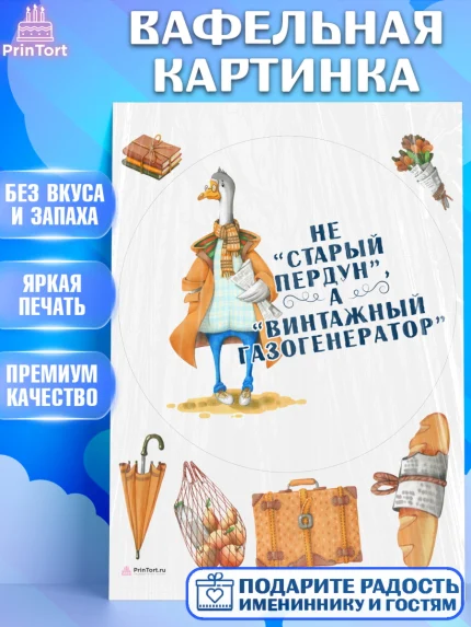 Вафельная картинка, Не старый пердун, гусь, чемодан, Мальчик, День рождения, арт. PT216320