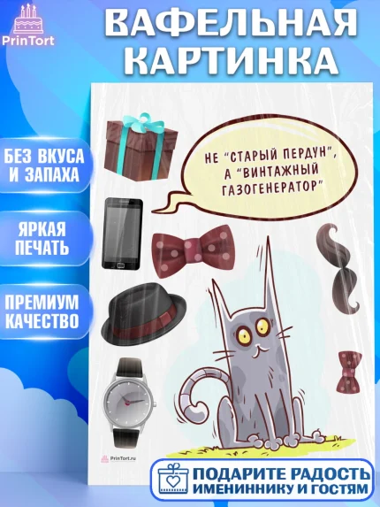 Вафельная картинка, Не старый пердун, кот, подарок, часы, шляпа, телефон, Мальчик, День рождения, арт. PT216328
