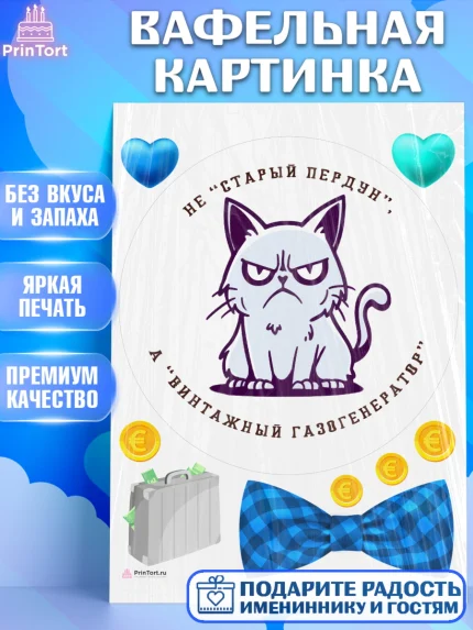 Вафельная картинка, Не старый пердун, кот, бабочка, сердце, чемодан денег, Мальчик, День рождения, арт. PT216331