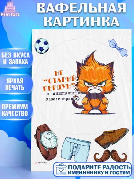 Вафельная картинка, Не старый пердун, кот, часы, усы, мяч, бабочка, Мальчик, День рождения, арт. PT216337