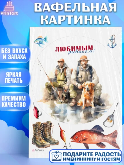Вафельная картинка, Рыбалка, Рыбаки, собака, рыба, рыбаловные снасти, Мальчик, День рождения, арт. PT216469
