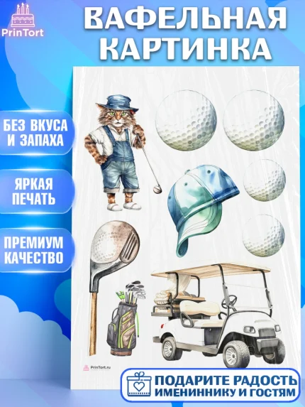 Вафельная картинка, Гольф, гольф-клюшка, мяч для гольфа, кот, кепка, Мальчик, День рождения, арт. PT216551