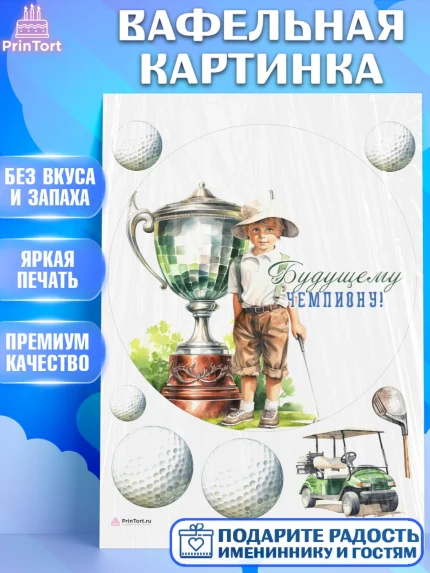 Вафельная картинка, Гольф, мальчик, кубок, мяч для гольфа, гольф-клюшка, День рождения, арт. PT216565