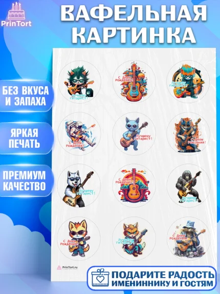 Вафельная картинка, Гитара, кот, музыка, Мальчик, День рождения, арт. PT216995