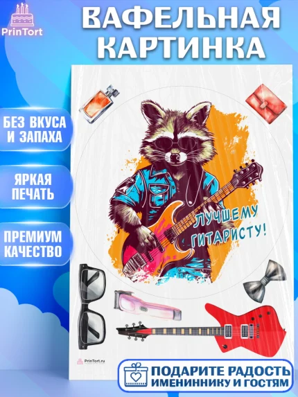 Вафельная картинка, Гитара, енот, очки, Мальчик, День рождения, арт. PT216997