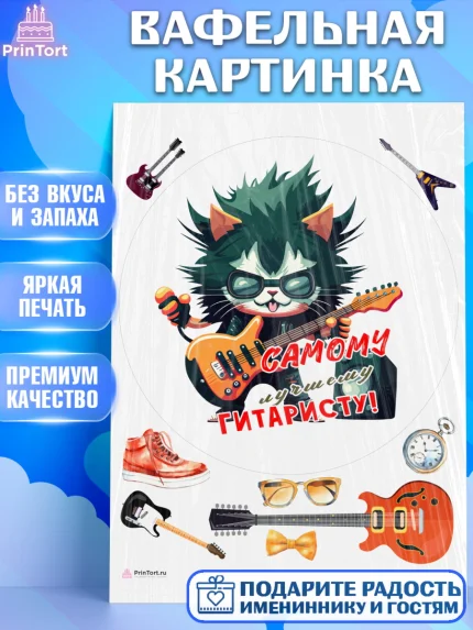 Вафельная картинка, Гитара, кот, музыка, Мальчик, День рождения, арт. PT217014