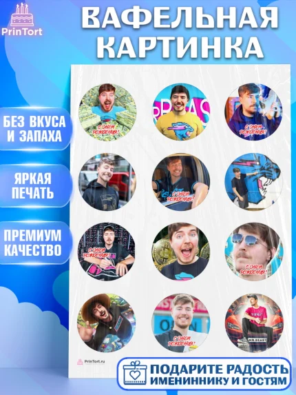 Вафельная картинка, Мистер Бист, mister beast, ютуб, youtube, Девочка, День рождения, арт. PT217015