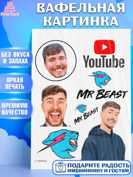 Вафельная картинка, Мистер Бист, mister beast, ютуб, youtube, Девочка, День рождения, арт. PT217016