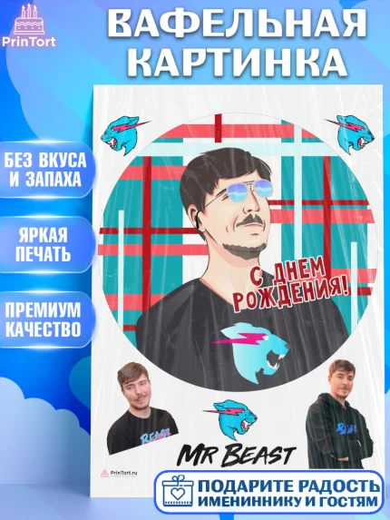 Вафельная картинка, Мистер Бист, mister beast, ютуб, youtube, Девочка, День рождения, арт. PT217017
