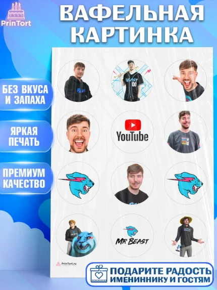 Вафельная картинка, Мистер Бист, mister beast, ютуб, youtube, Девочка, День рождения, арт. PT217018