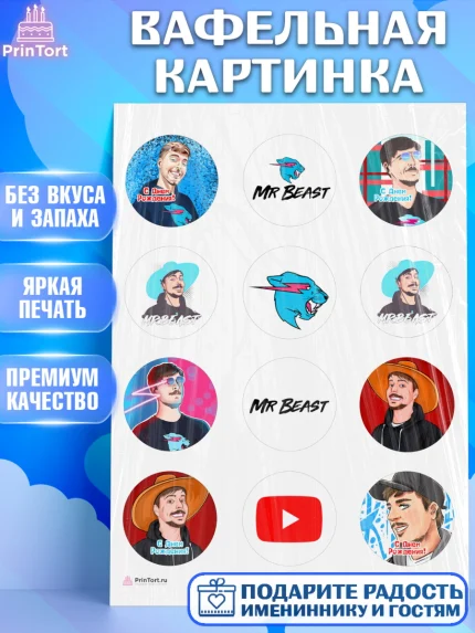 Вафельная картинка, Мистер Бист, mister beast, ютуб, youtube, Девочка, День рождения, арт. PT217021