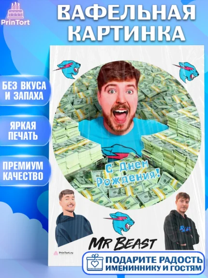 Вафельная картинка, Мистер Бист, mister beast, ютуб, youtube, Девочка, День рождения, арт. PT217023