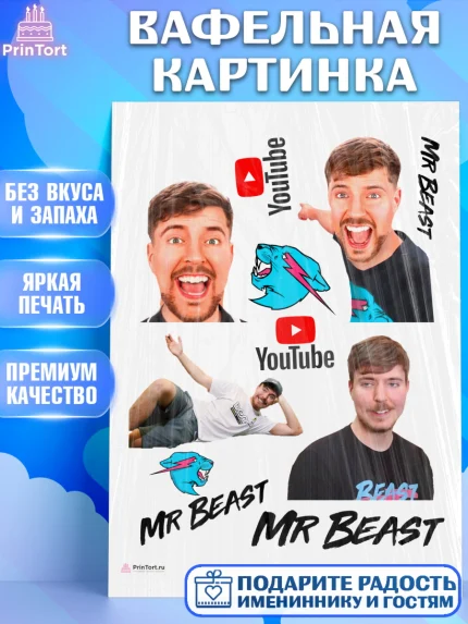 Вафельная картинка, Мистер Бист, mister beast, ютуб, youtube, Девочка, День рождения, арт. PT217025