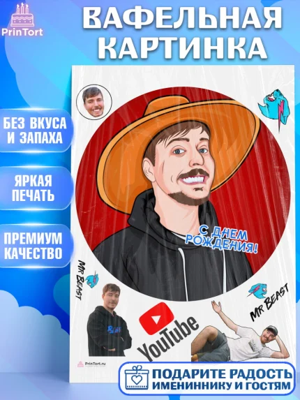 Вафельная картинка, Мистер Бист, mister beast, ютуб, youtube, Девочка, День рождения, арт. PT217028