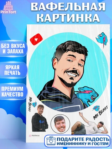 Вафельная картинка, Мистер Бист, mister beast, ютуб, youtube, Девочка, День рождения, арт. PT217030