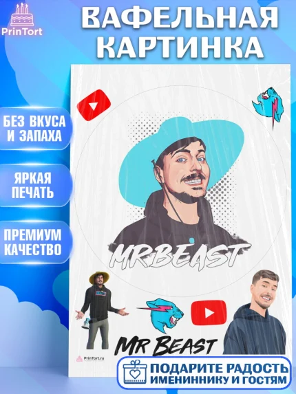 Вафельная картинка, Мистер Бист, mister beast, ютуб, youtube, Девочка, День рождения, арт. PT217032