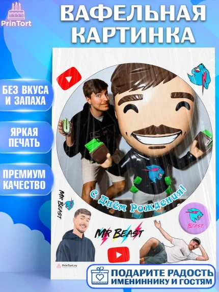 Вафельная картинка, Мистер Бист, mister beast, ютуб, youtube, Девочка, День рождения, арт. PT217034