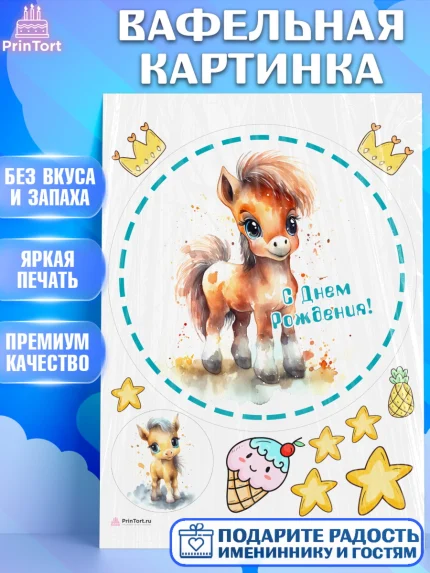 Вафельная картинка, Пони, лошадка, корона, Девочка, День рождения, арт. PT217071