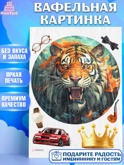 Вафельная картинка, Тигр, губы, бабочка, Мальчик, День рождения, арт. PT217348