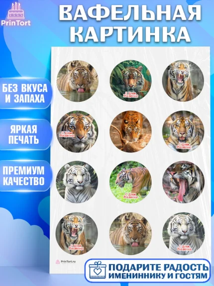 Вафельная картинка, Тигр, корона, машина, Мальчик, День рождения, арт. PT217353