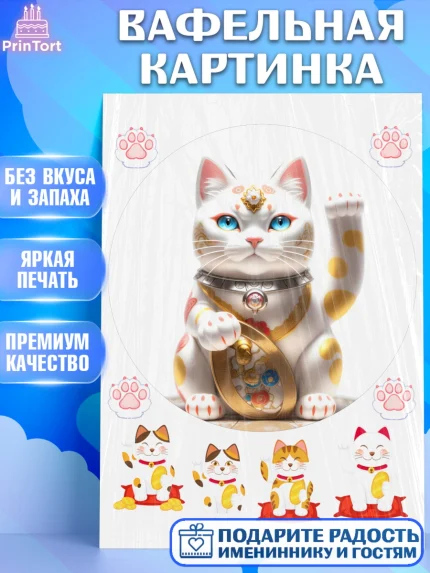 Вафельная картинка, Котик машет лапкой, котик, фен шуй, символ удачи, символ счастья, японский котик, арт. PT217938