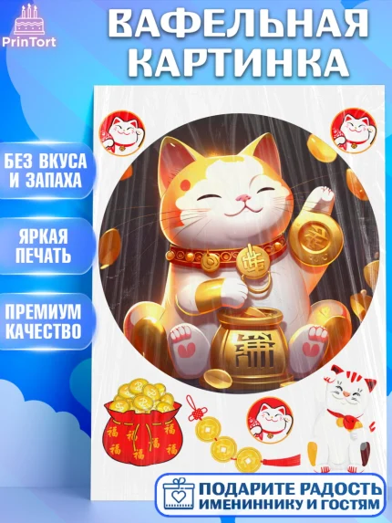 Вафельная картинка, Котик машет лапкой, котик, фен шуй, символ удачи, символ счастья, японский котик, арт. PT217940