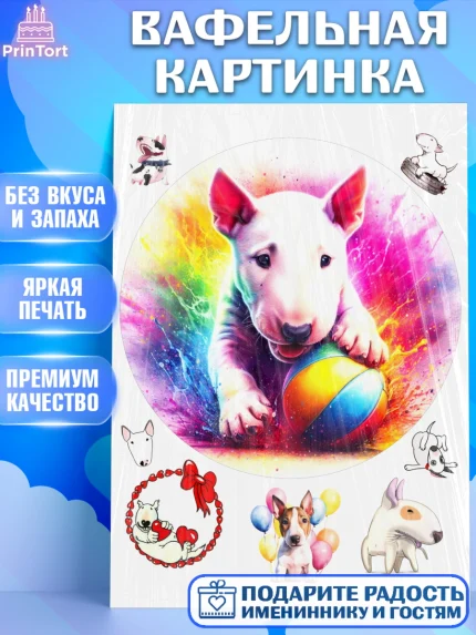 Вафельная картинка, Бультерьер, Собака, Девочка, День рождения, арт. PT218322
