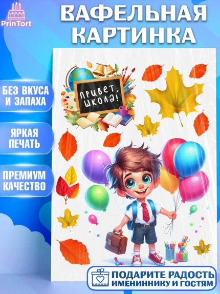 Вафельная картинка, 1 сентября, мальчик, школьник, ученик, звонок, шарики, рюкзак школьный, арт. PT218357