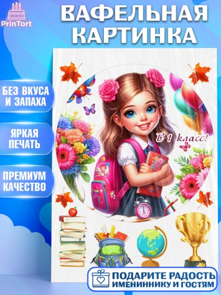 Вафельная картинка, 1 сентября, школьница, девочка, ученица, звонок, тетради, учебник, арт. PT218360