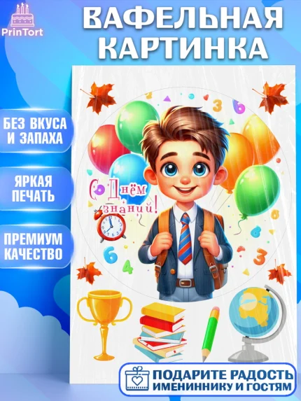 Вафельная картинка, 1 сентября, мальчик, школьник, ученик, звонок, шарики, рюкзак школьный, арт. PT218384