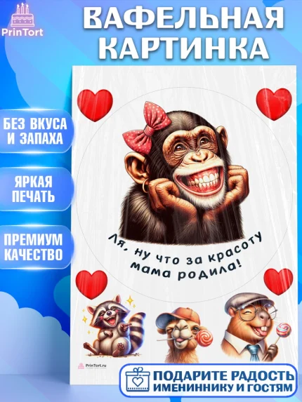 Вафельная картинка, Прикольные животные, обезьяна, животные, звери, забавные животные, Девушка, арт. PT218453