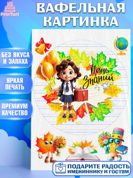 Вафельная картинка, 1 сентября, Девочка, школьница, шарики, учебник, школа, день знаний, осень, арт. PT218607
