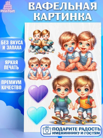 Вафельная картинка, Близнецы, мальчики, двойня, малыши, Девочка, День рождения, арт. PT218708