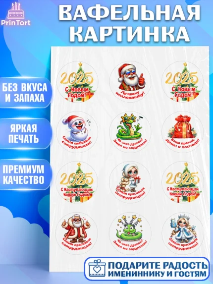 Вафельная картинка, Новый год, Новый 2025 год, Ёлка, Дед Мороз, снеговик, ёлочные игрушки, арт. PT218874
