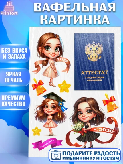 Вафельная картинка, Выпускной в школе, школьный выпускной 2026, учителю на выпускной, Девочка, арт. PT219754