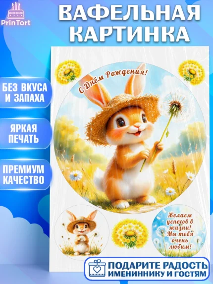 Вафельная картинка, День рождения, Зверята, животные, Зайка, одуванчик, игрушка зайчик, зайчонок, арт. PT220158