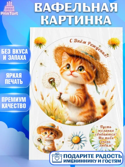 Вафельная картинка, День рождения, Зверята, животные, Котик, кошка, котенок, игрушка котенок, арт. PT220160
