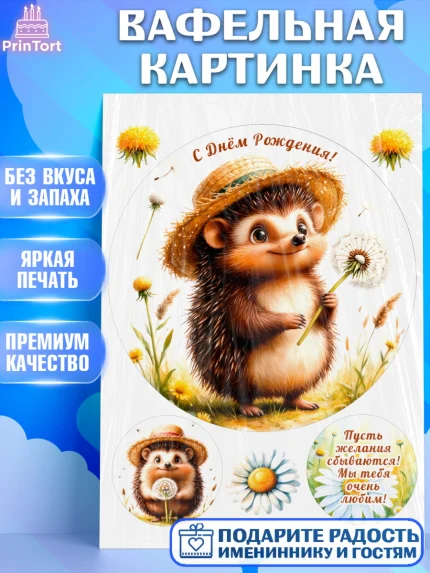Вафельная картинка, День рождения, Зверята, животные, Ёжик, ёж, одуванчик, игрушка ёж, Девочка, арт. PT220161