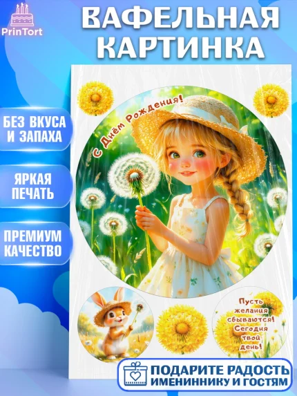 Вафельная картинка, День рождения, Девочка, Одуванчик, арт. PT220166