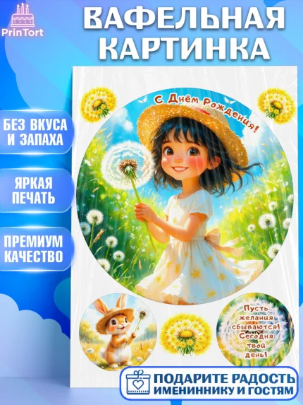 Вафельная картинка, День рождения, Девочка, Одуванчик, арт. PT220167