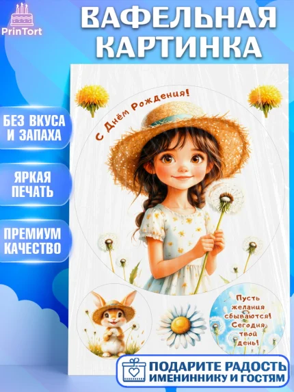 Вафельная картинка, День рождения, Девочка, Одуванчик, арт. PT220168