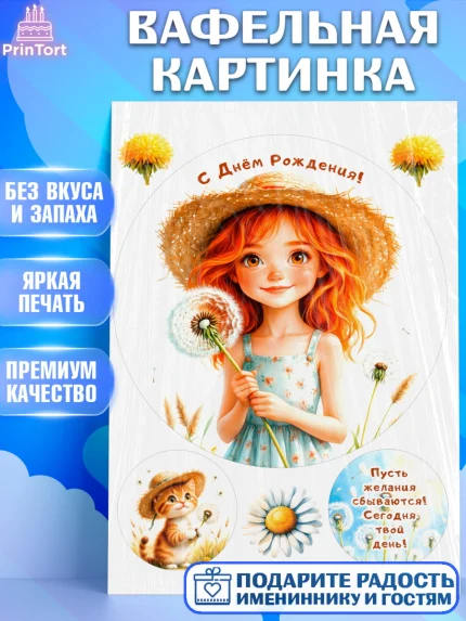 Вафельная картинка, День рождения, Девочка, Одуванчик, арт. PT220169