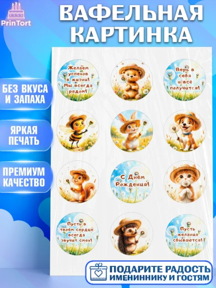 Вафельная картинка, День рождения, Зверята, животные, белка, мишка, зайка, собака, кошка, Девочка, арт. PT220173