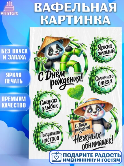 Вафельная картинка, День рождения, панда, бкмбук, сердце, цифра 6, Девочка, арт. PT220212