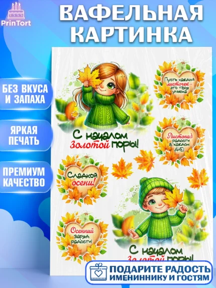 Вафельная картинка, День рождения, осень, осенняя пора, листья, девочка, осенние листья, арт. PT220235